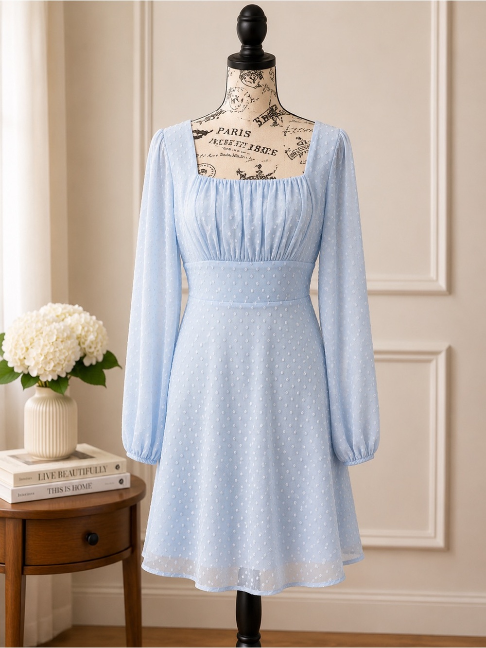 Pastel Blue Swiss Dot Square Neck Long Sleeve Dress